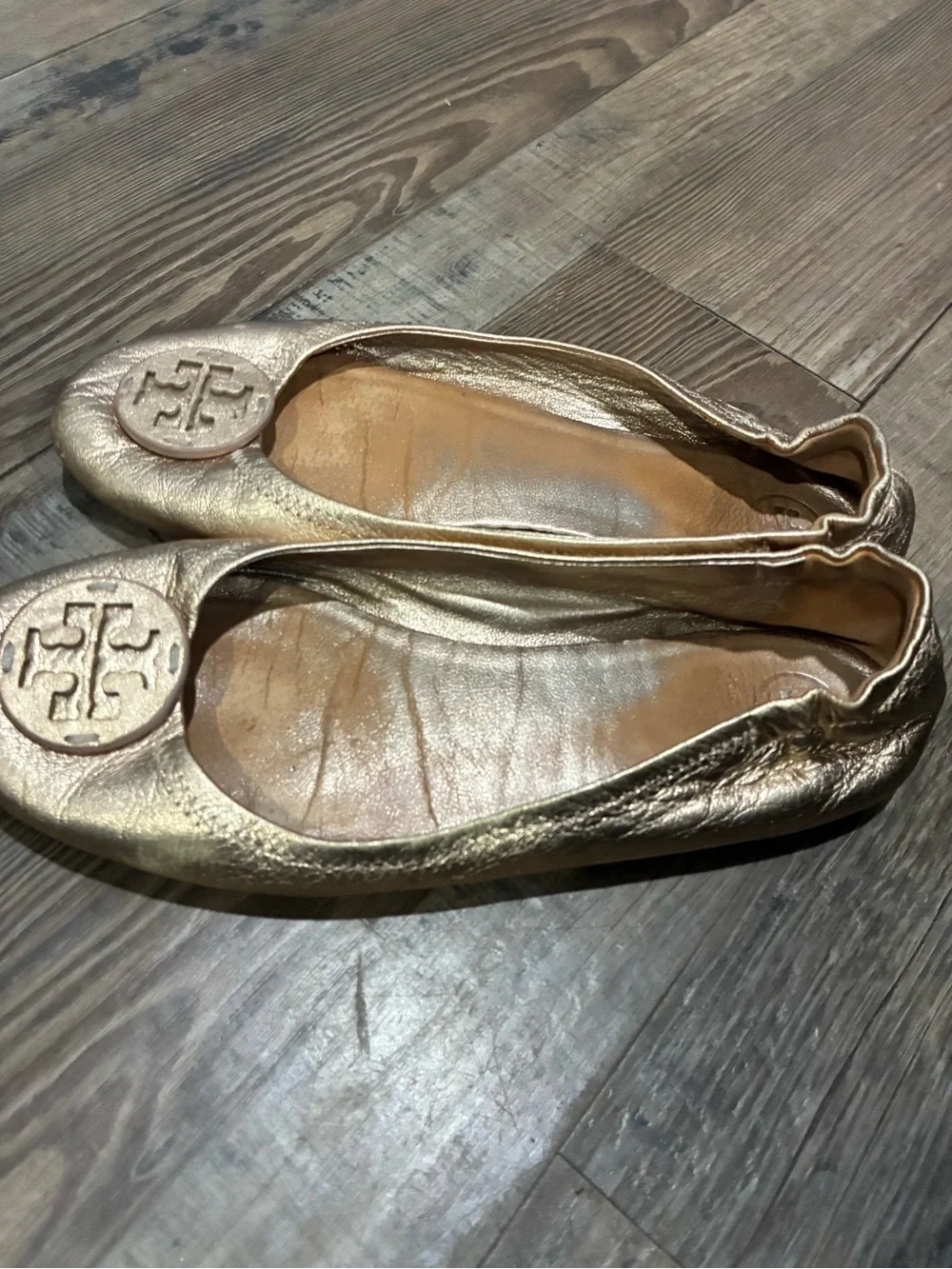 Tory Burch Metallic Gold Leather Logo Ballet Flats